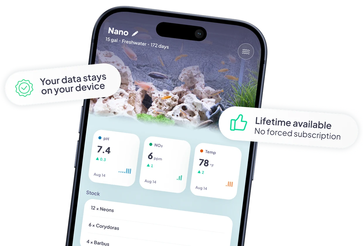 Danio's home screen: water parameters and fish stock.